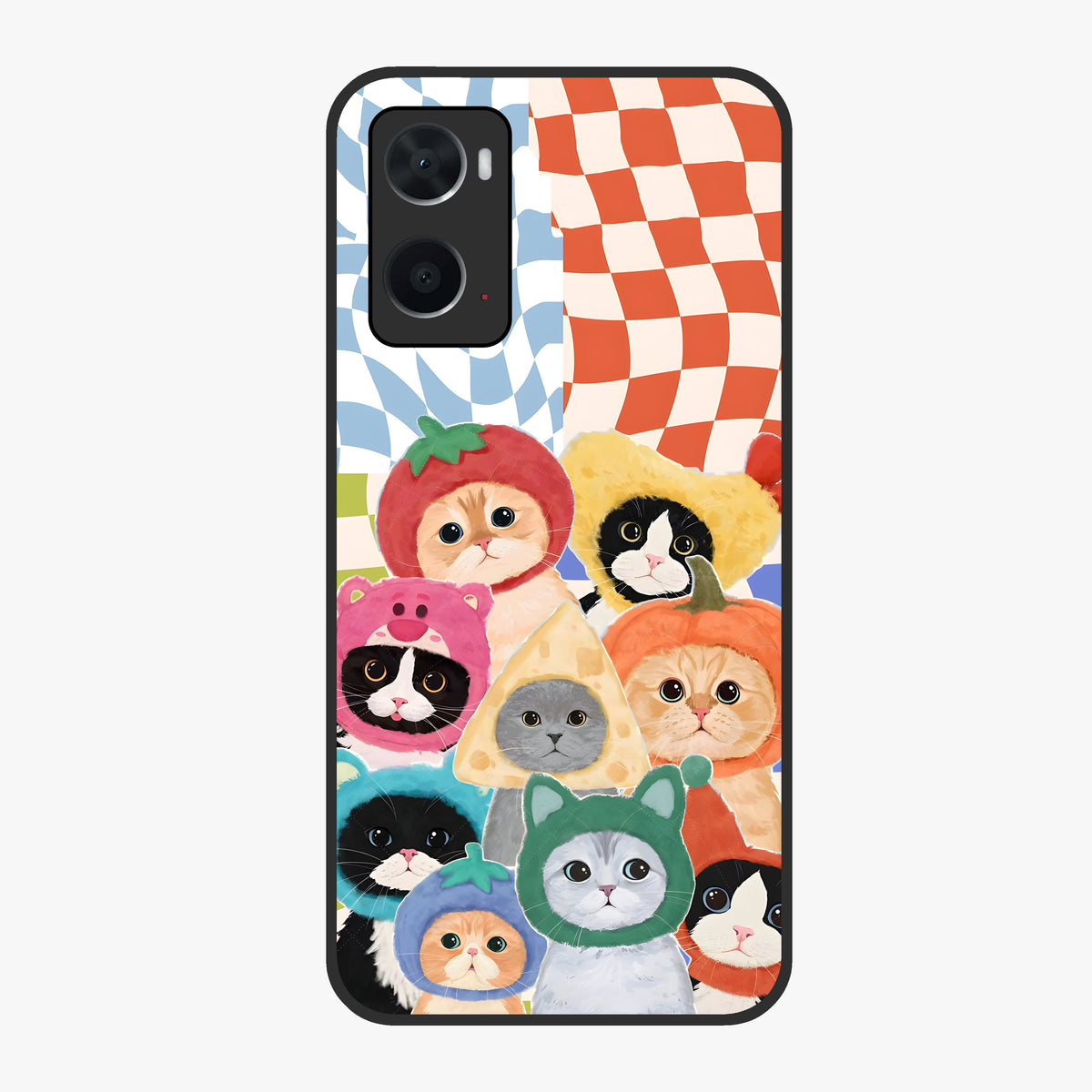Cats in Fruits Glass Case showing flat back view with playful cat illustrations inside fruit artwork and glossy glass finish.