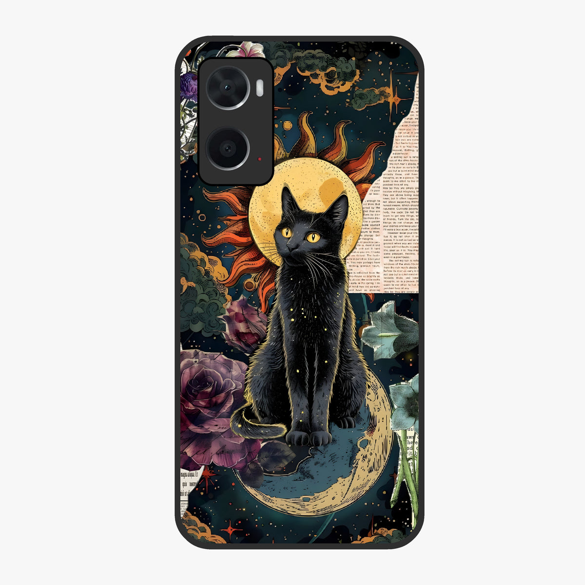 Celestial Black Cat Glass Case showing flat back view with mystical black cat artwork and glossy glass finish.