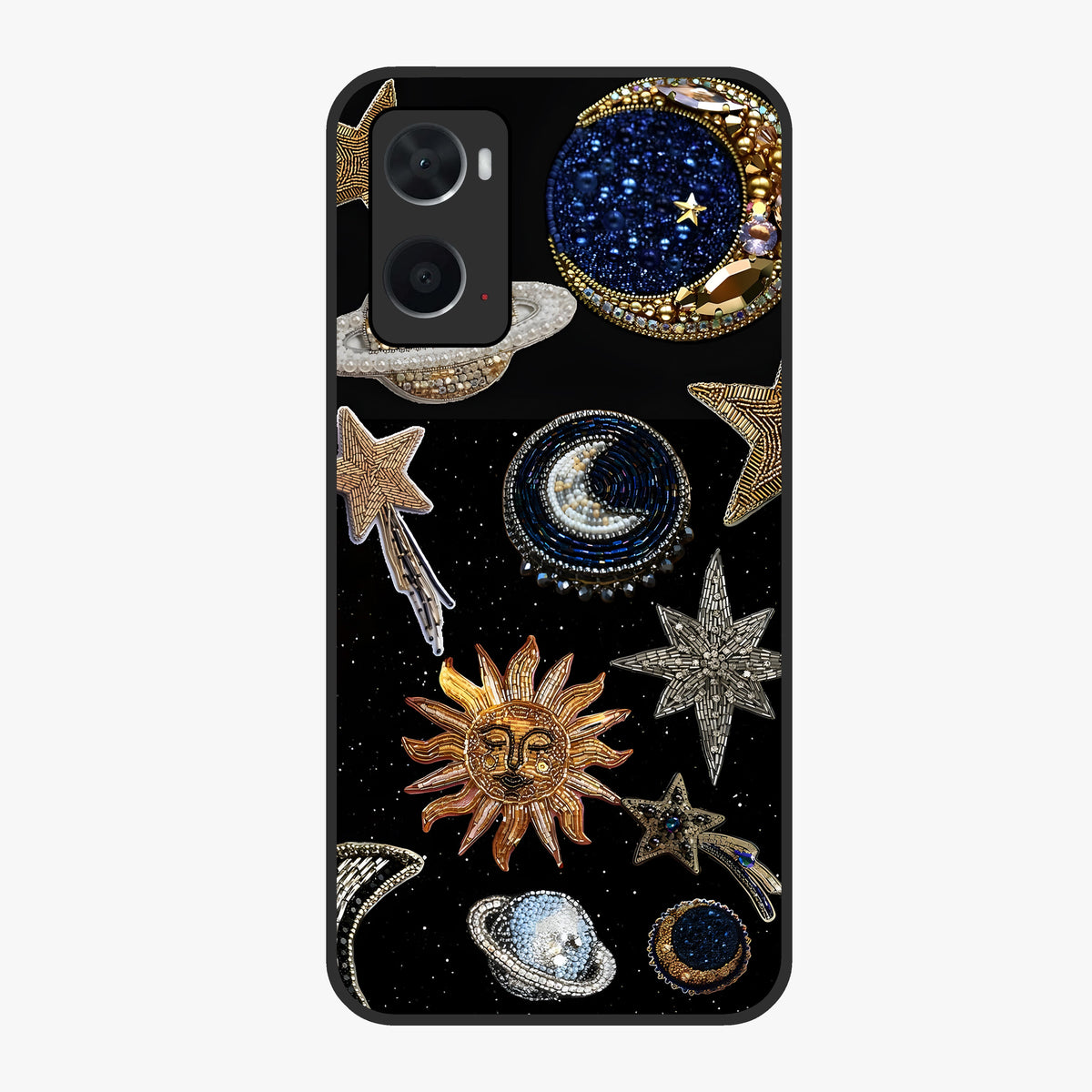 Celestial Gem Constellations Glass Case showing flat back view with sparkling constellation artwork and glossy glass finish.