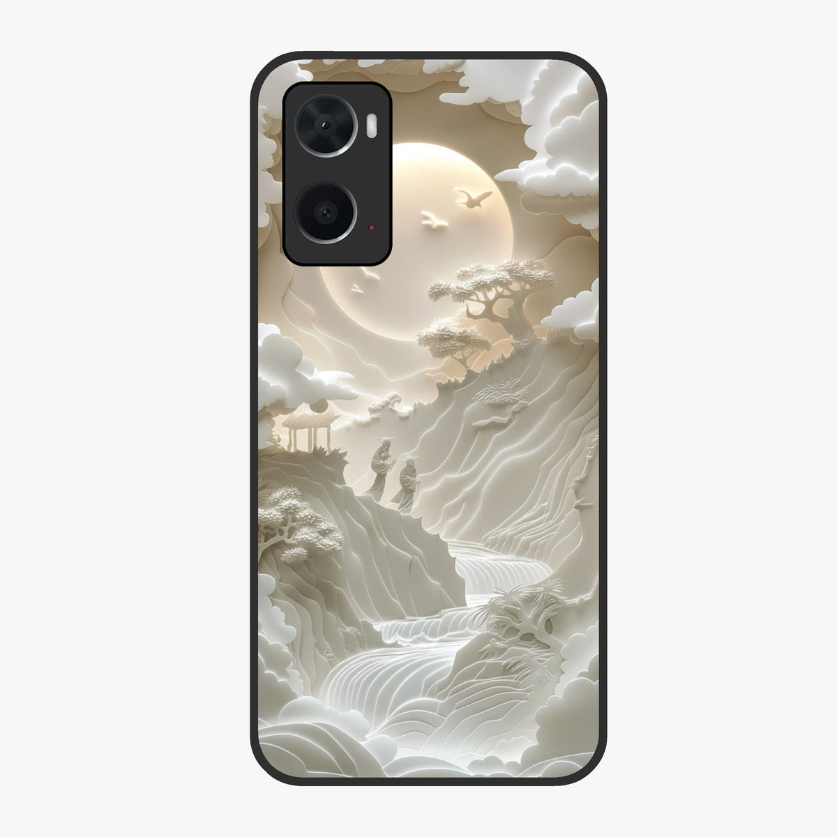 Celestial Origami Glass Case showing flat back view with artistic origami inspired celestial artwork and glossy glass finish.