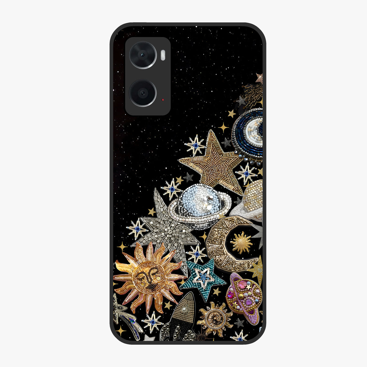 Cosmic Sparkle Dreams Glass Case showing flat back view with sparkling cosmic artwork and glossy glass finish.