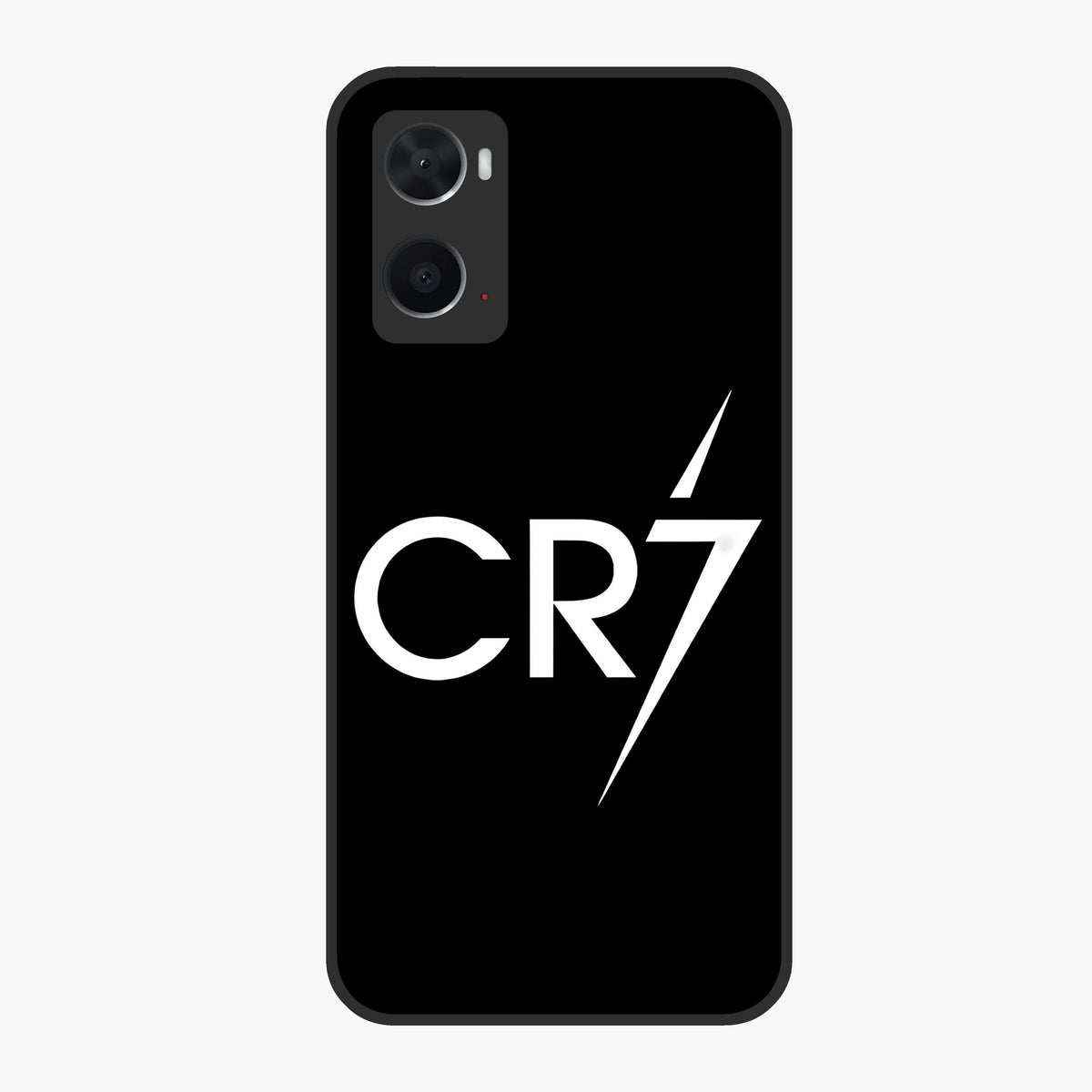 Cr7 Elite Strike Glass Case showing flat back view with dynamic football inspired artwork and glossy glass finish.