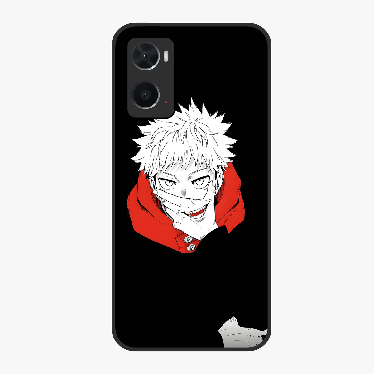 Crimson Chaos Smile Glass Case showing flat back view with bold chaotic smile artwork and glossy glass finish.