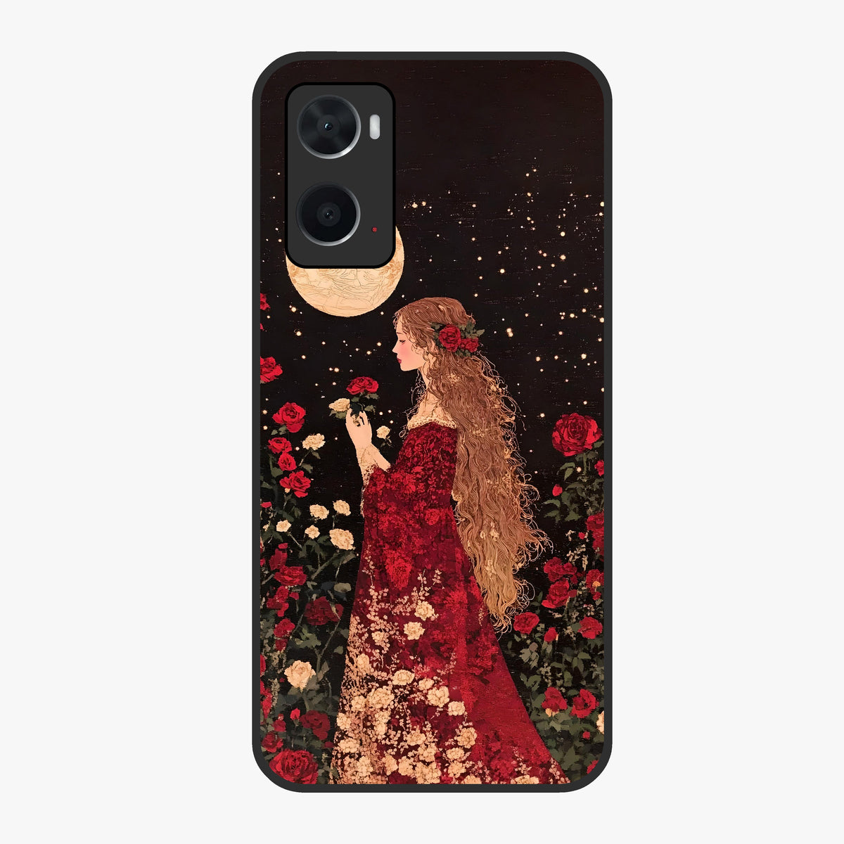Crimson Dreams Glass Case showing flat back view with dreamy crimson artwork and glossy glass finish.
