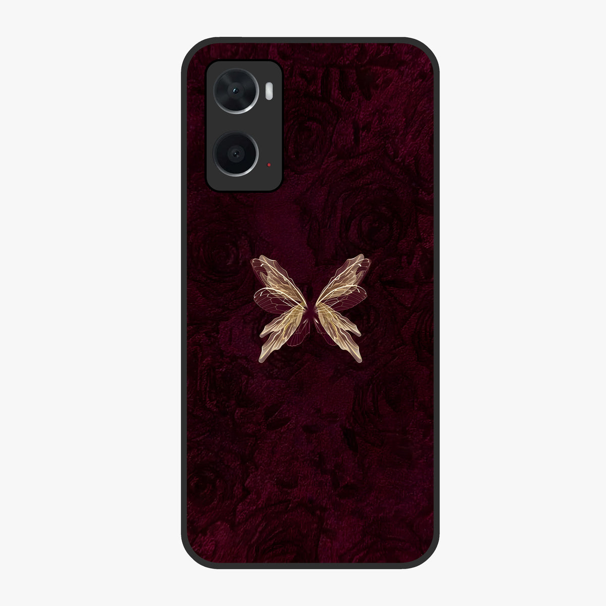 Crimson Fade Butterfly Glass Case showing flat back view with fading butterfly artwork and glossy glass finish.