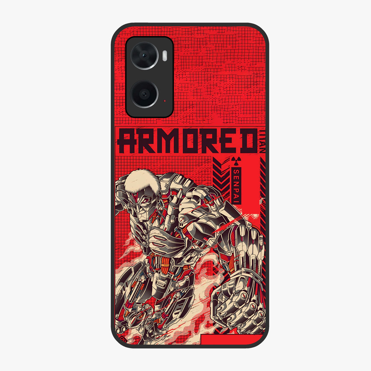 Crimson Mecha Titan Glass Case showing flat back view with powerful mech titan artwork and glossy glass finish.