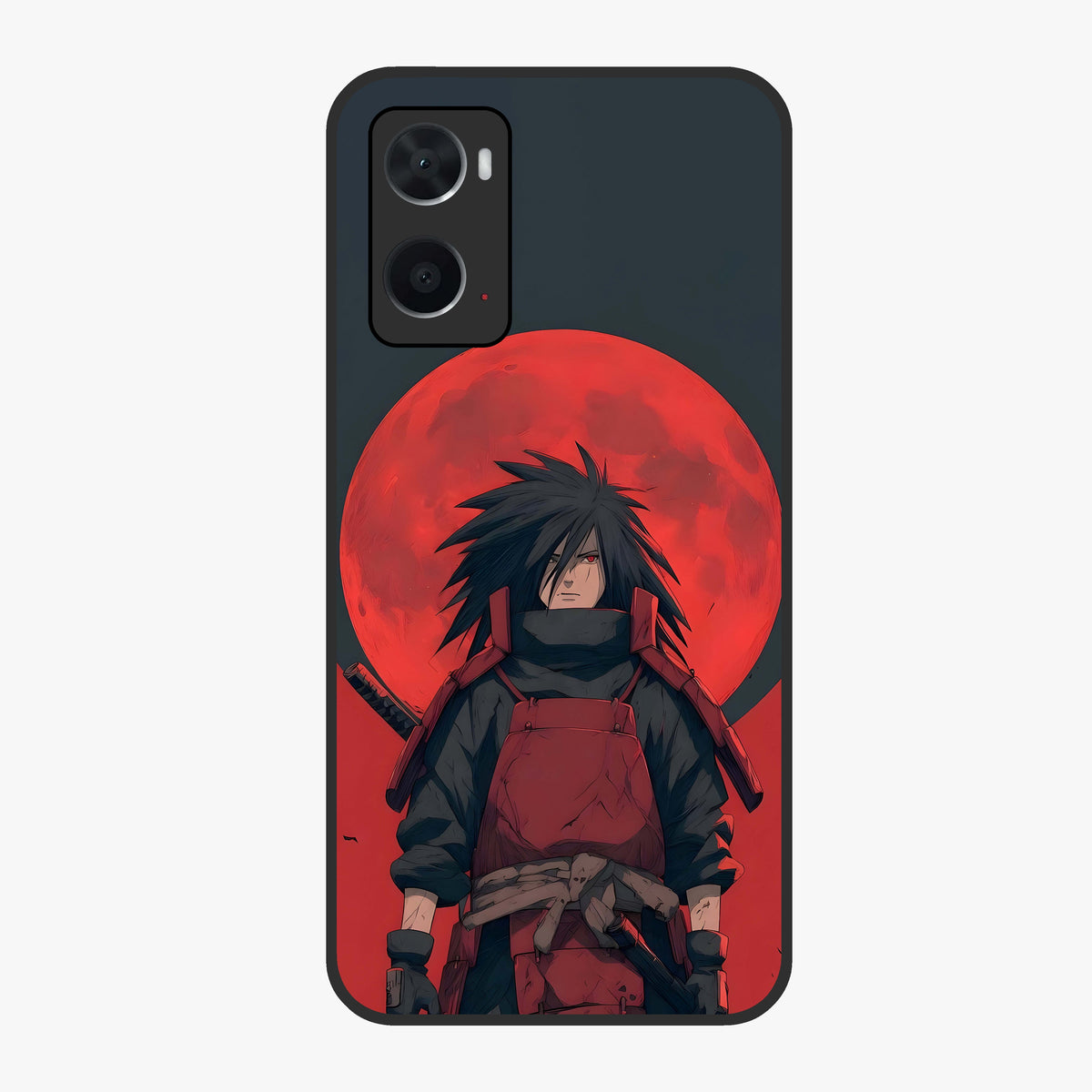 Crimson Moon Warlord Glass Case showing flat back view with mystical moon warrior artwork and glossy glass finish.