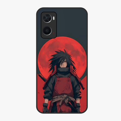 Crimson Moon Warlord Glass Case showing flat back view with mystical moon warrior artwork and glossy glass finish.
