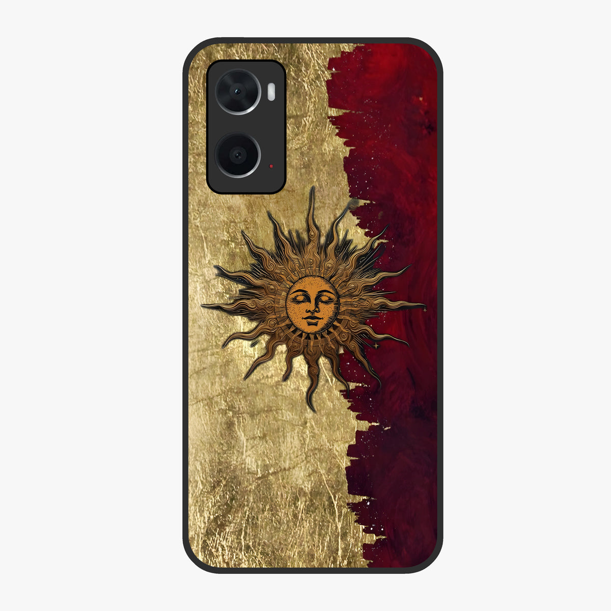 Crimson Sun Majesty Glass Case showing flat back view with radiant sun inspired artwork and glossy glass finish.