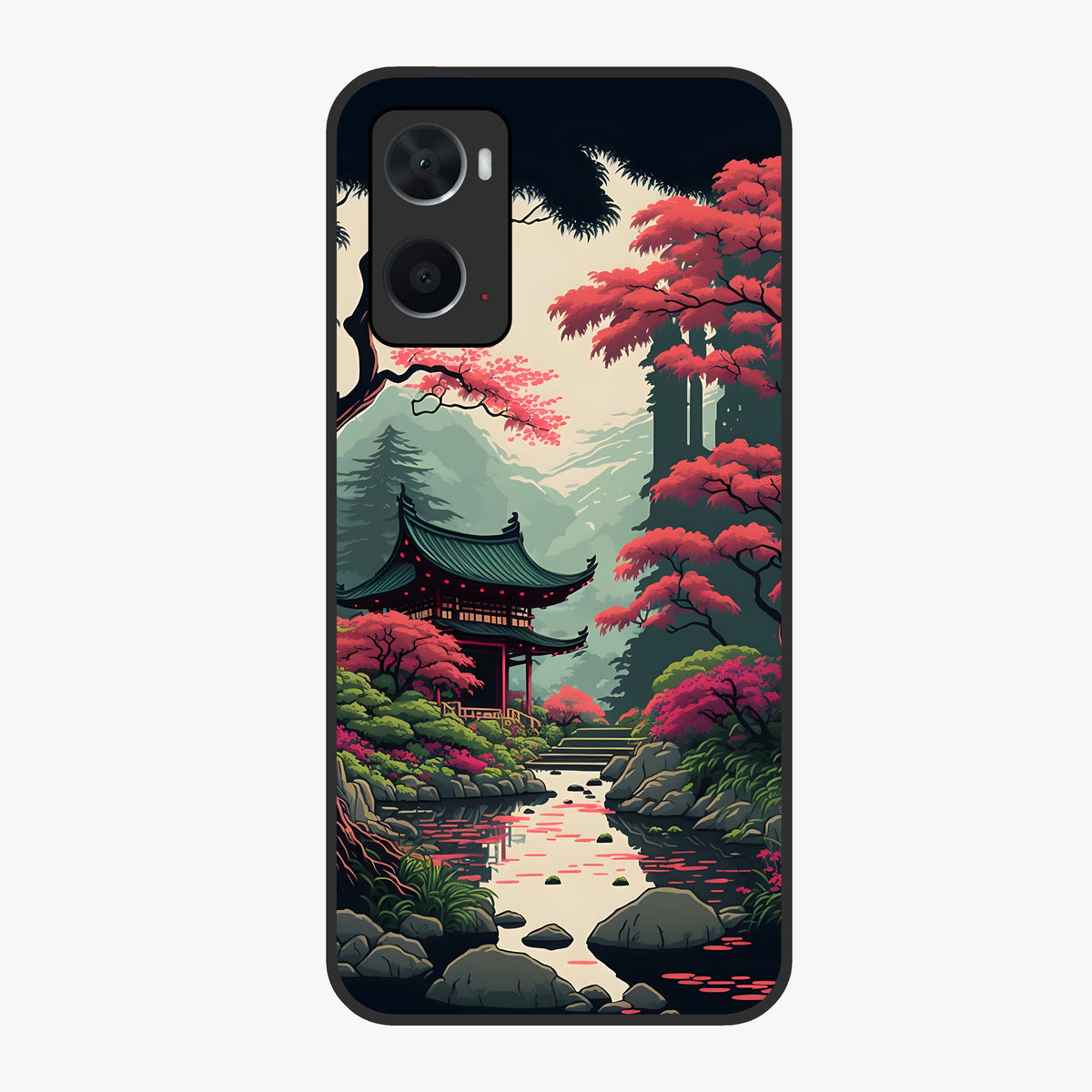 Crimson Temple View Glass Case showing flat back view with temple inspired artwork and glossy glass finish.