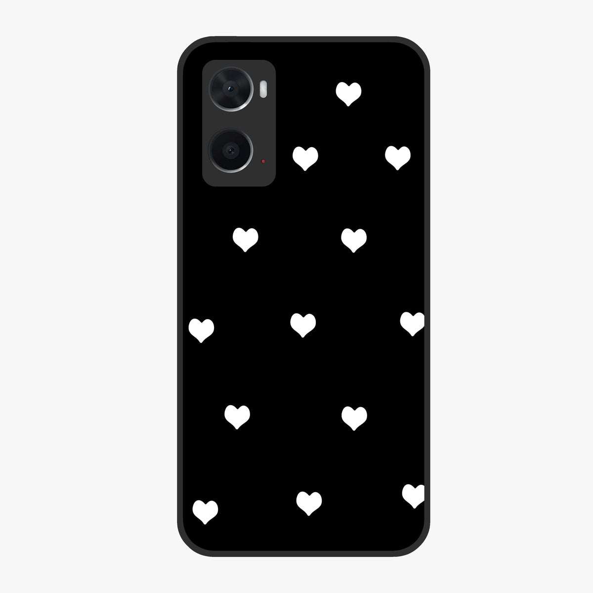 Cute And Simple White Hearts Glass Case showing flat back view with minimal white heart pattern and glossy glass finish.