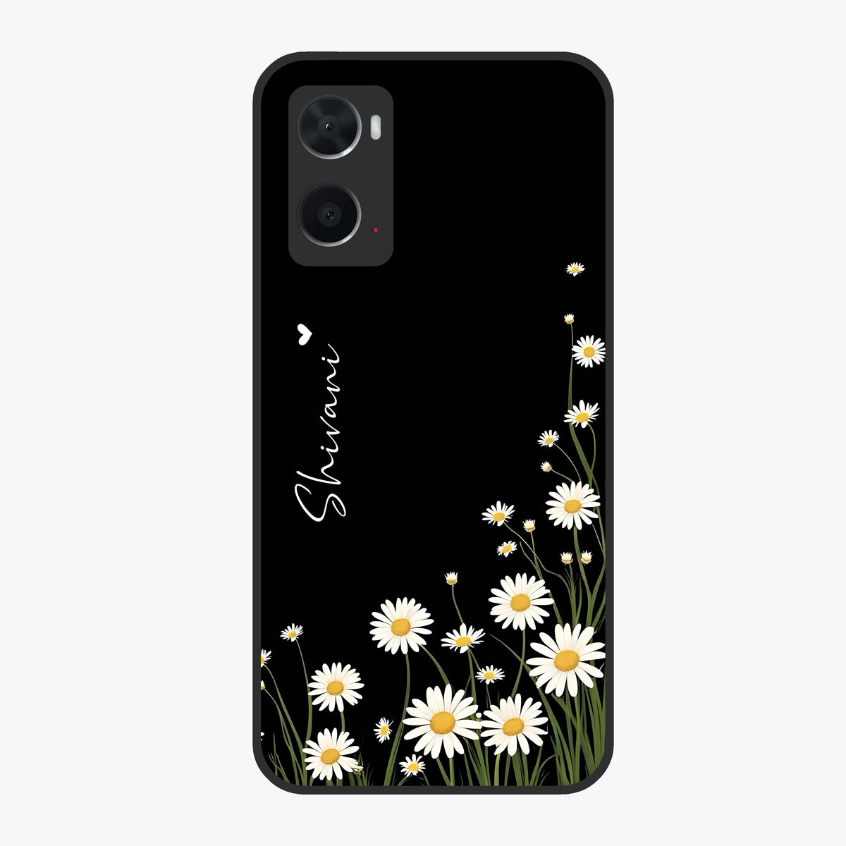 Daisy Cascade Custom Name Glass Case showing flat back view with cascading daisy flowers and personalized name design.