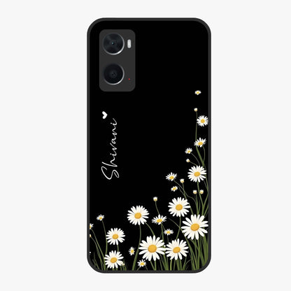 Daisy Cascade Custom Name Glass Case showing flat back view with cascading daisy flowers and personalized name design.