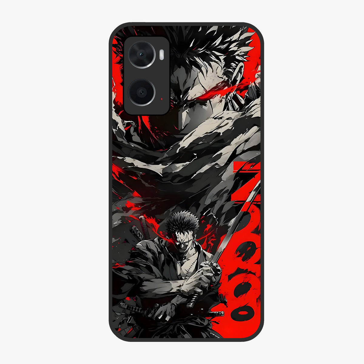 Demon Sword Resolve Glass Case showing flat back view with fierce sword warrior artwork and glossy glass finish.