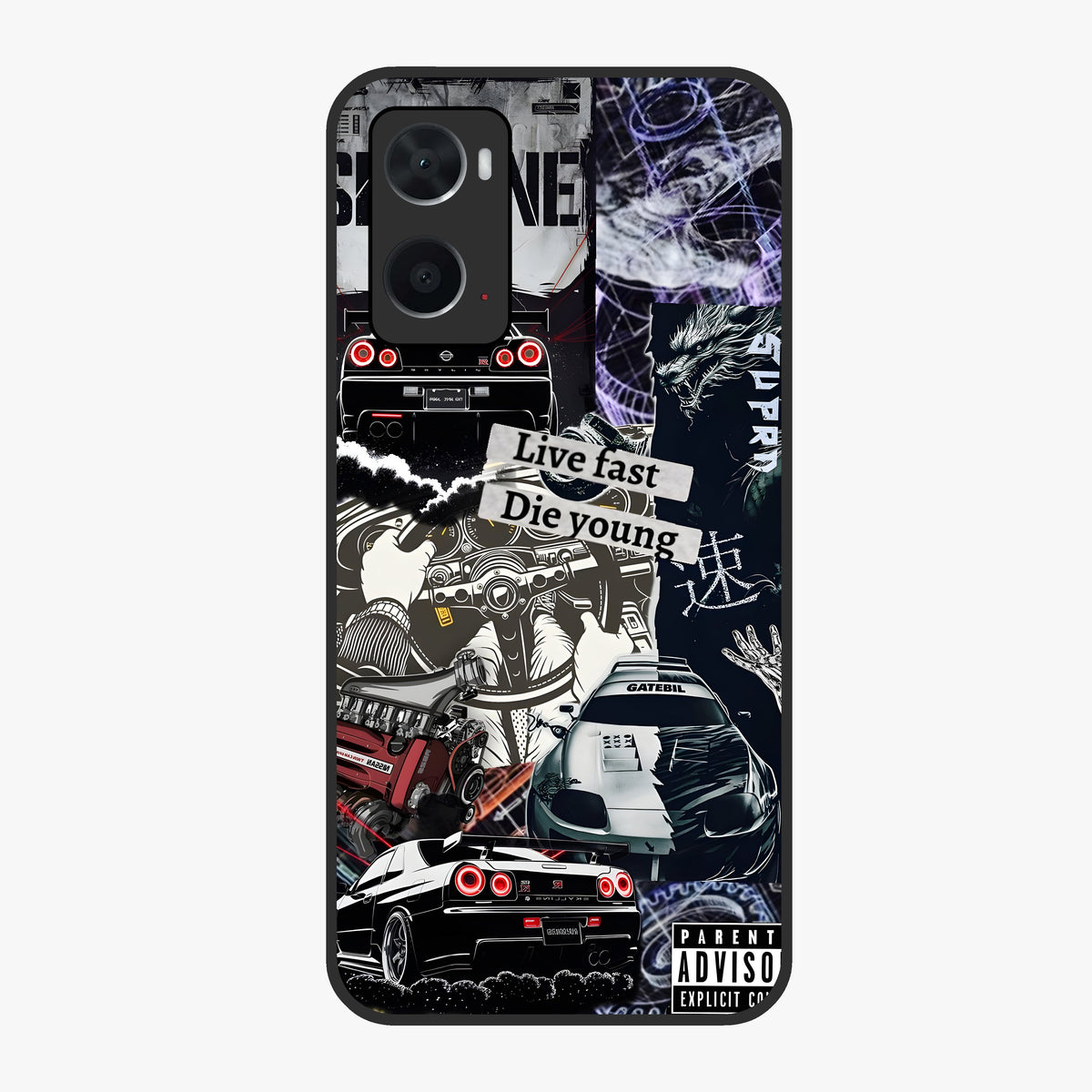 Die Young Glass Case showing flat back view with bold artistic typography design and glossy glass finish.