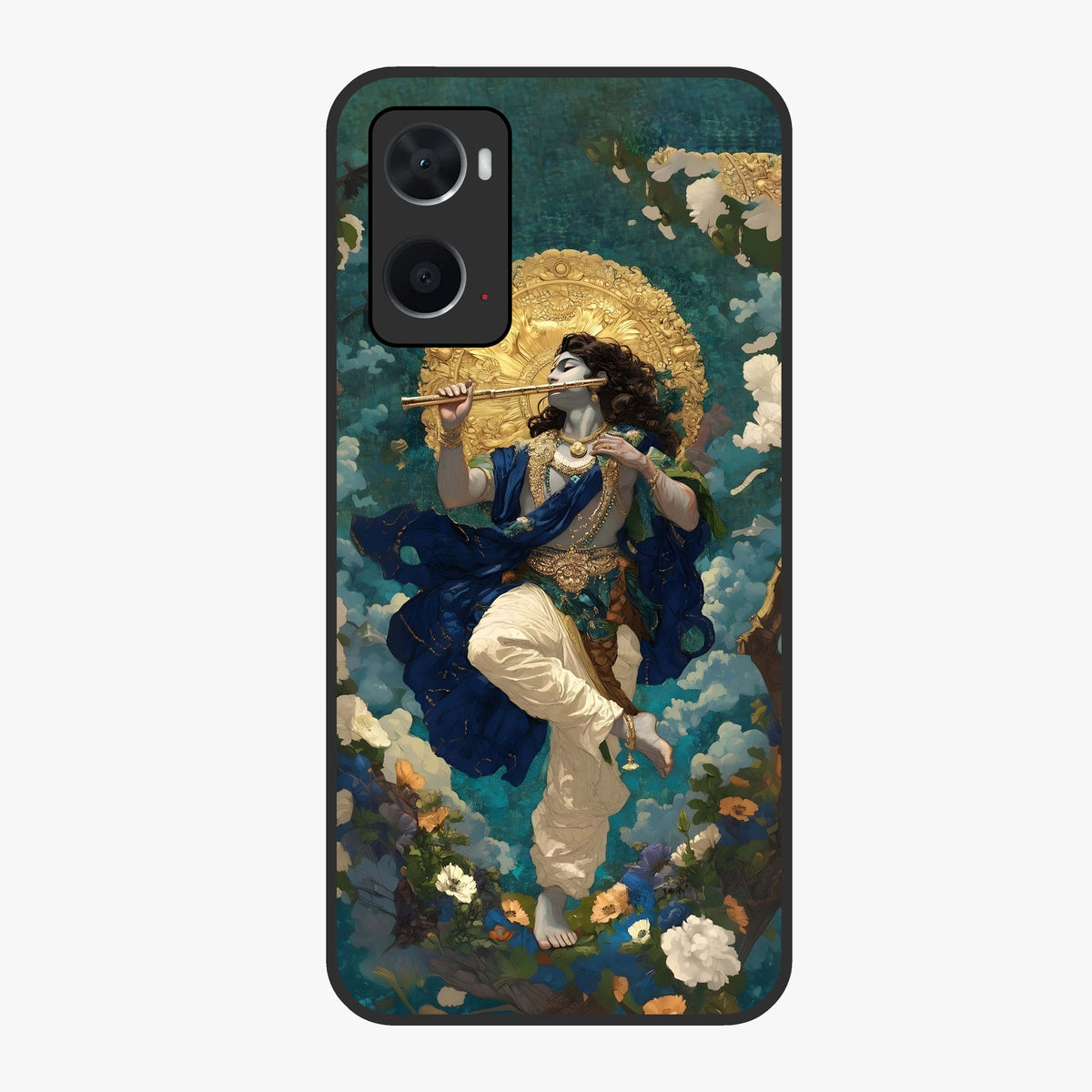Divine Krishna Art Glass Case showing flat back view with Lord Krishna artwork and glossy glass finish.