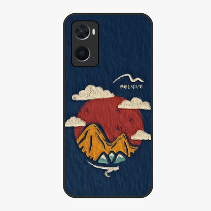 Dream Beyond Mountains Glass Case showing flat back view with scenic mountain landscape artwork and glossy glass finish.