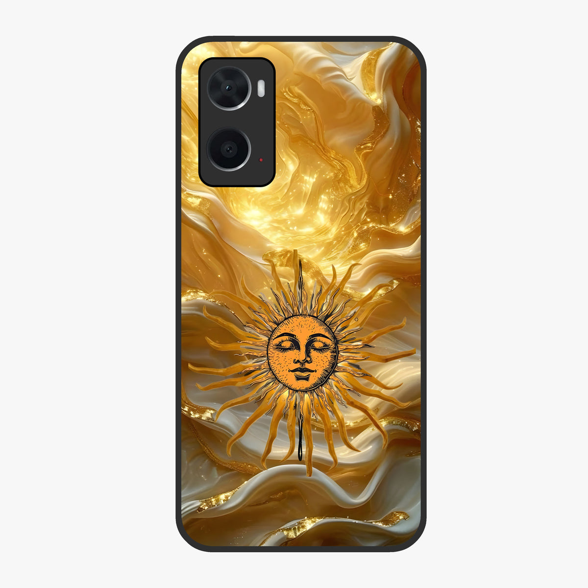Eternal Golden Glow Glass Case showing flat back view with radiant golden themed artwork and glossy glass finish.