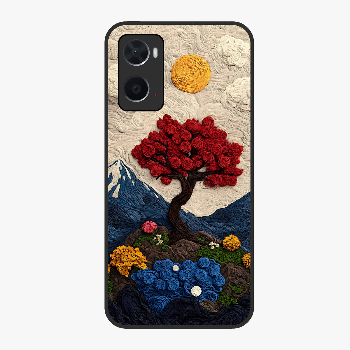 Eternal Nature Tapestry Glass Case showing flat back view with intricate nature tapestry artwork and glossy glass finish.