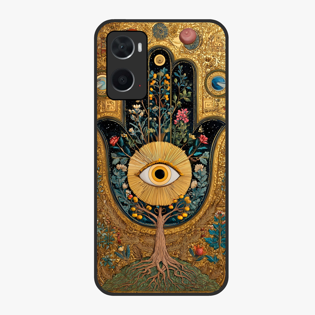 Ethereal Evil Eye Glass Case showing flat back view with mystical evil eye artwork and glossy glass finish.