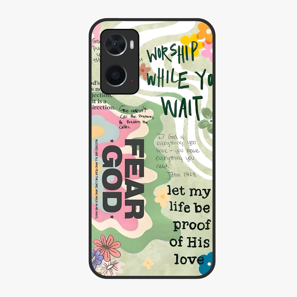 Faith Over Fear Glass Case showing flat back view with motivational typography artwork and glossy glass finish.