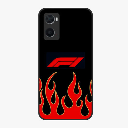Fire F11 Glass Case showing flat back view with fiery themed artwork and glossy glass finish.