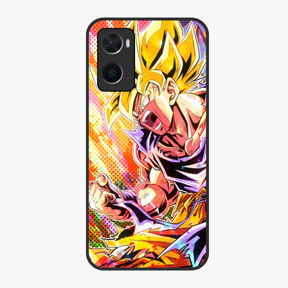 Firing Goku Glass Case showing flat back view with powerful anime inspired artwork and glossy glass finish.
