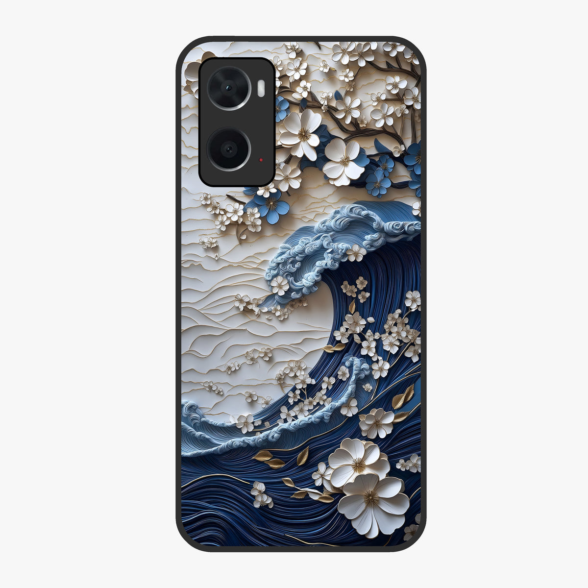 Floral Wave Origami Glass Case showing flat back view with origami inspired floral wave artwork and glossy glass finish.