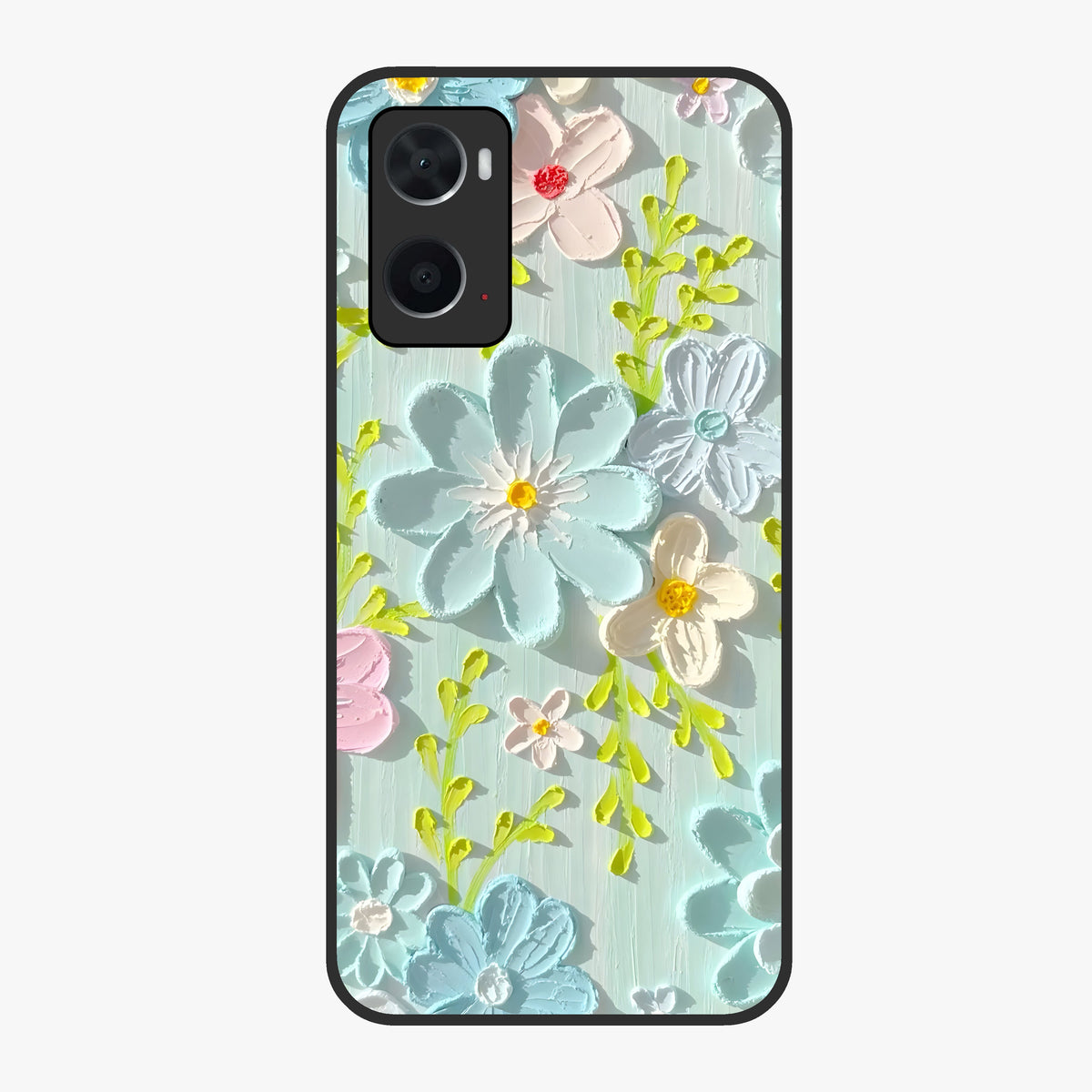 Frosted Petal Garden Glass Case showing flat back view with soft frosted floral artwork and glossy glass finish.