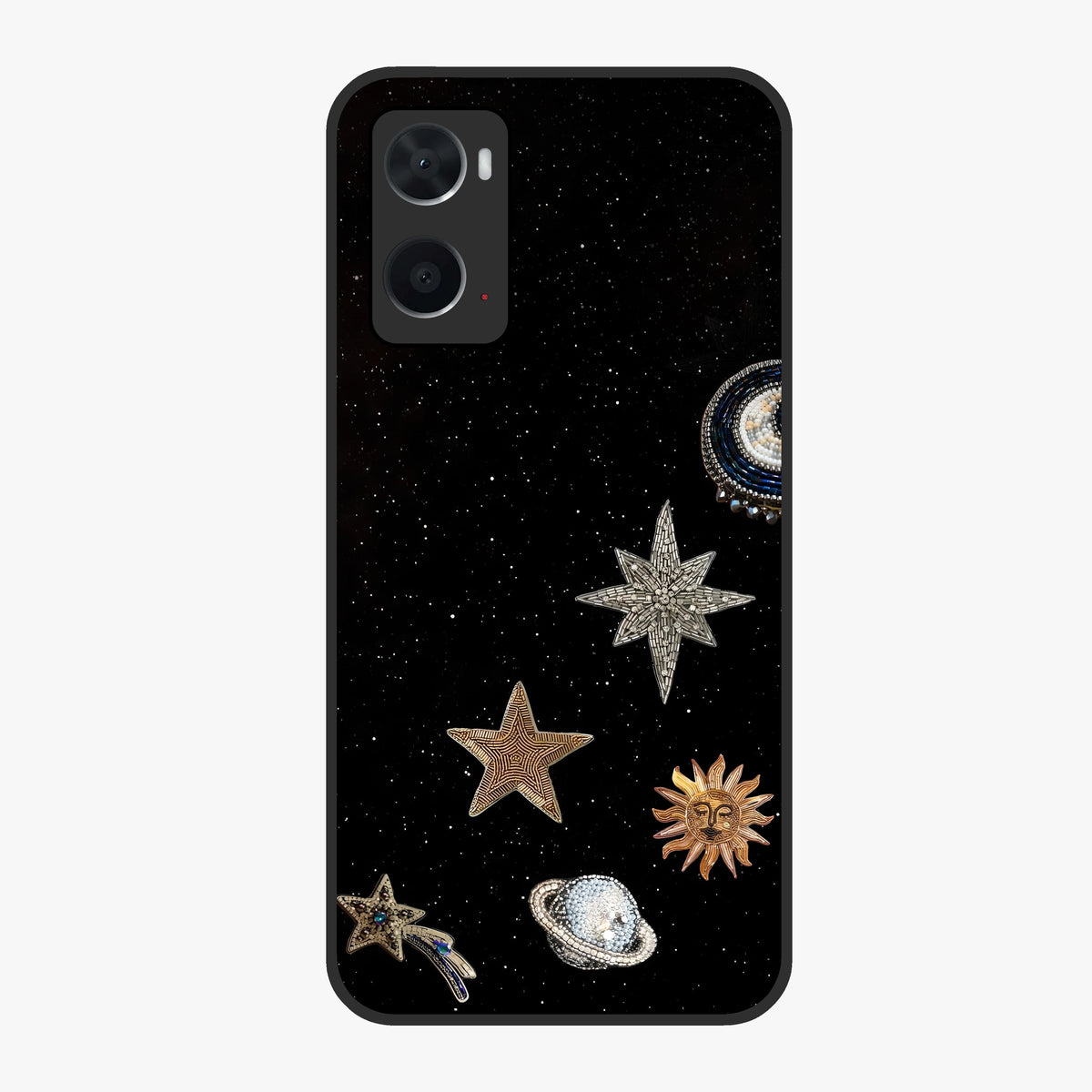 Galactic Charm Glow Glass Case showing flat back view with glowing celestial charm artwork and glossy glass finish.