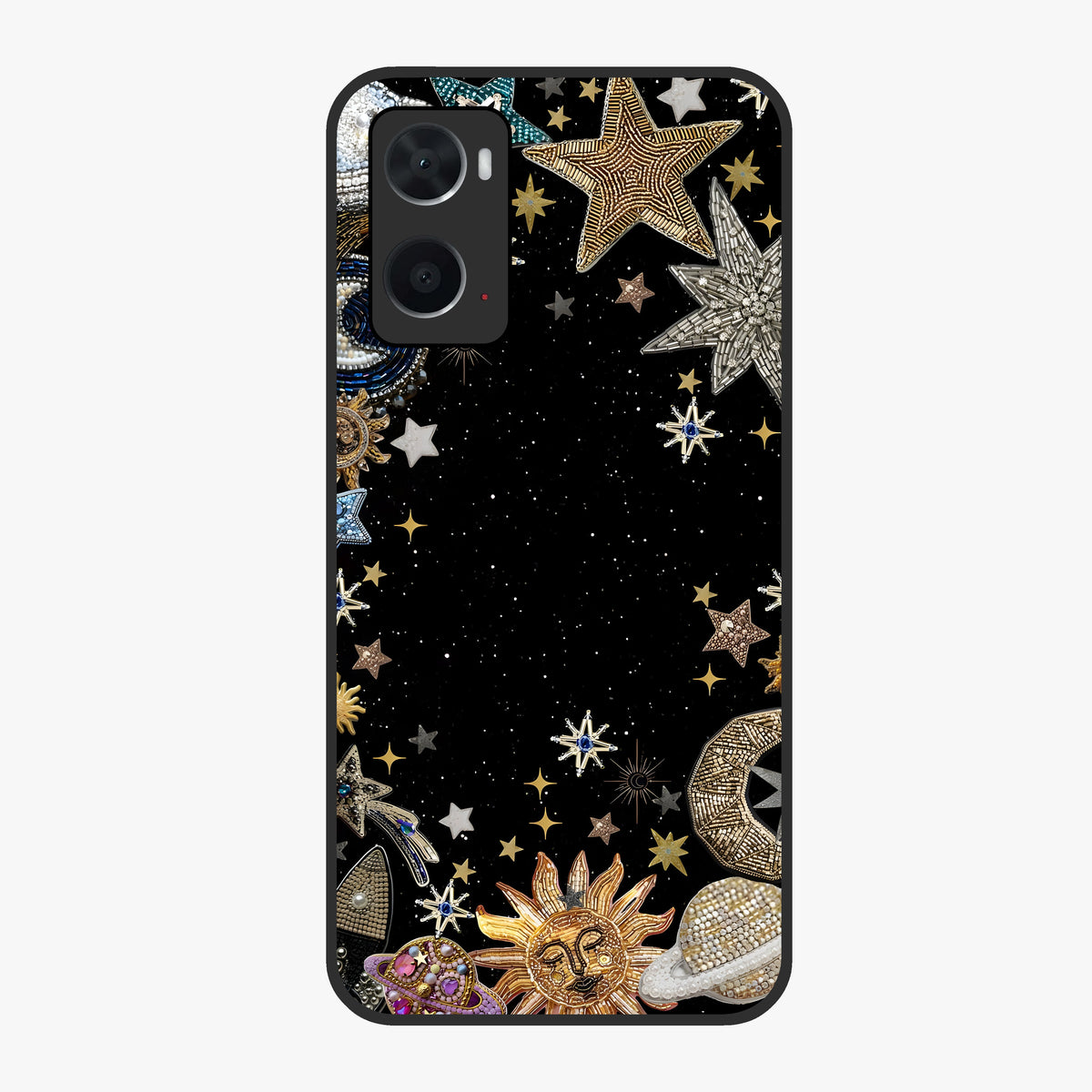 Galactic Jewel Stars Glass Case showing flat back view with sparkling star jewel artwork and glossy glass finish.