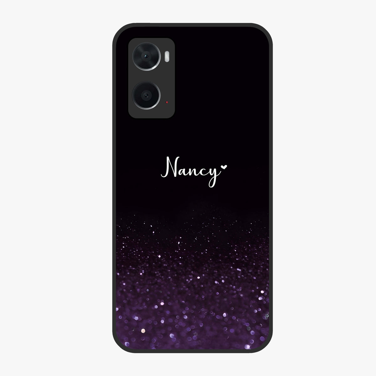 Glittery Purple Bokeh Custom Name Glass Case showing flat back view with purple bokeh sparkle artwork and personalized name design.
