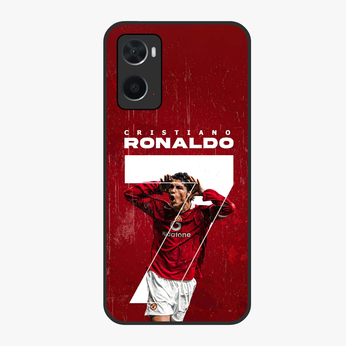 Goal Celebration Legacy Glass Case showing flat back view with football celebration inspired artwork and glossy glass finish.