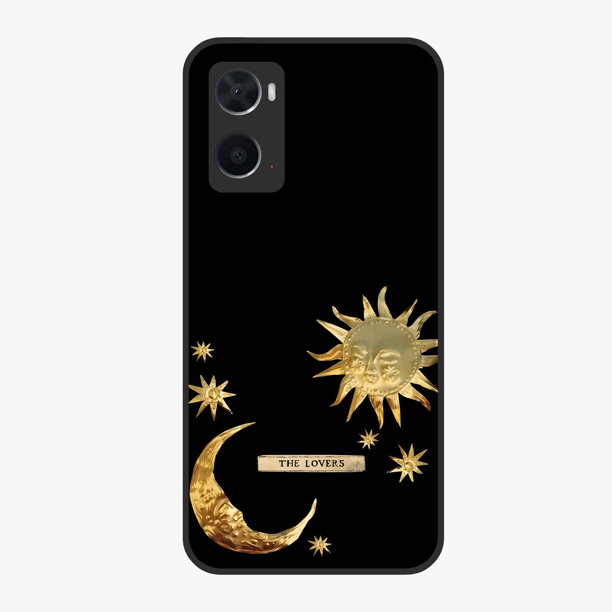 Golden Celestial Charm Glass Case showing flat back view with golden celestial charm artwork and glossy glass finish.