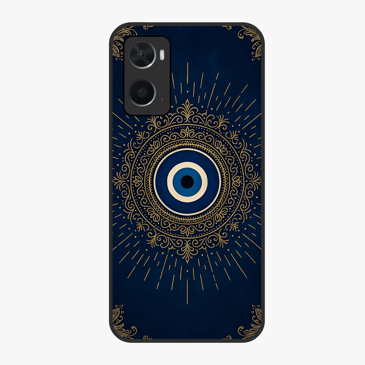 Golden Evil Eye Mandala Glass Case showing flat back view with intricate evil eye mandala artwork and glossy glass finish.