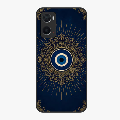 Golden Evil Eye Mandala Glass Case showing flat back view with intricate evil eye mandala artwork and glossy glass finish.