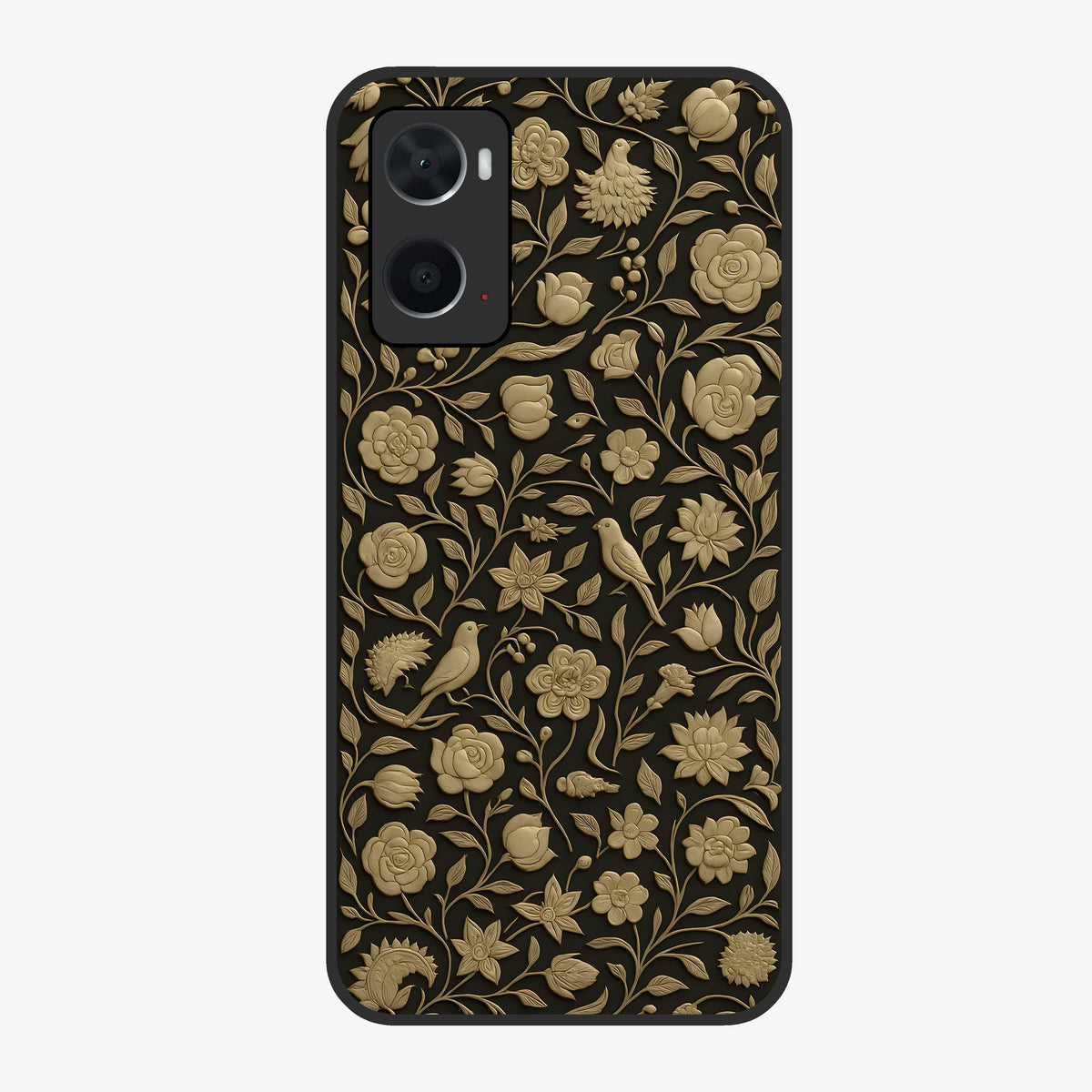 Golden Floral Majesty Glass Case showing flat back view with luxurious golden floral artwork and glossy glass finish.