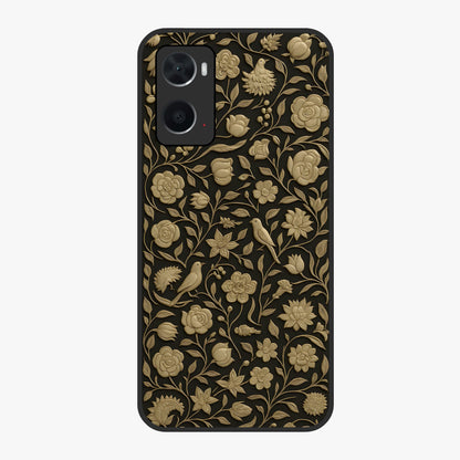 Golden Floral Majesty Glass Case showing flat back view with luxurious golden floral artwork and glossy glass finish.