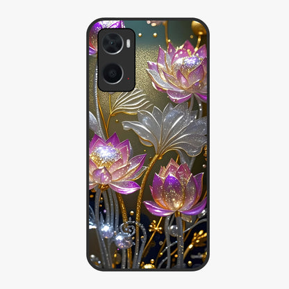 Golden Lotus Glow Glass Case showing flat back view with glowing lotus flower artwork and glossy glass finish.
