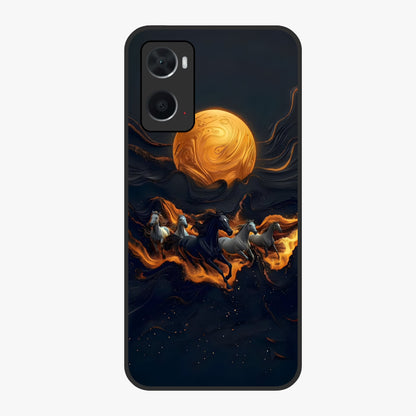 Golden Stallion Moonride Glass Case showing flat back view with majestic horse under moonlight artwork and glossy glass finish.