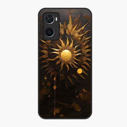 Golden Sun Majesty Glass Case showing flat back view with radiant golden sun artwork and glossy glass finish.