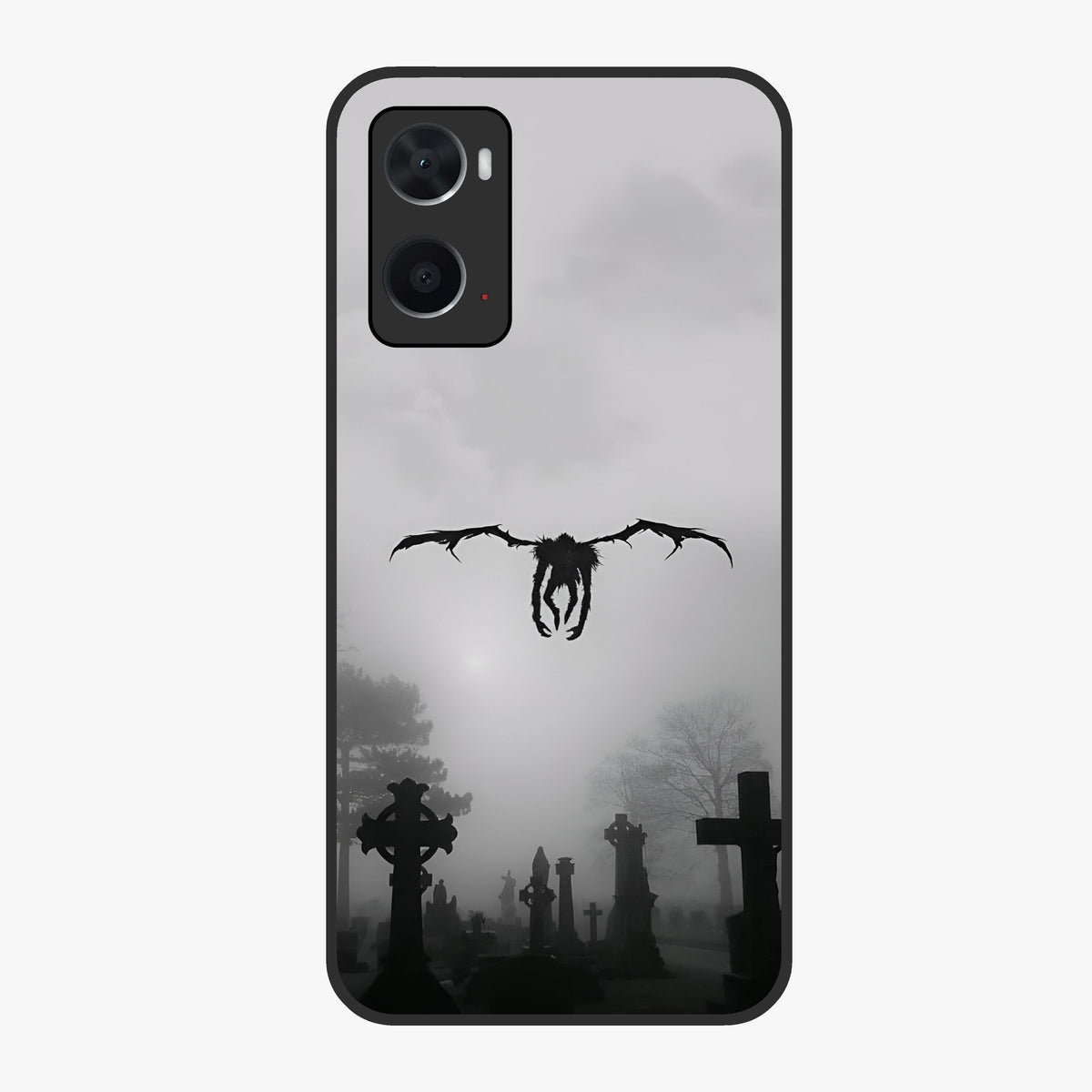 Graveyard Shadow Descent Glass Case showing flat back view with dark graveyard themed artwork and glossy glass finish.