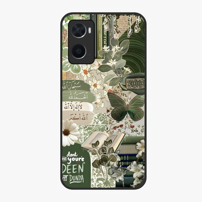 Green Islamic Books Quotes Glass Case showing flat back view with Islamic quotes and book themed artwork and glossy glass finish.