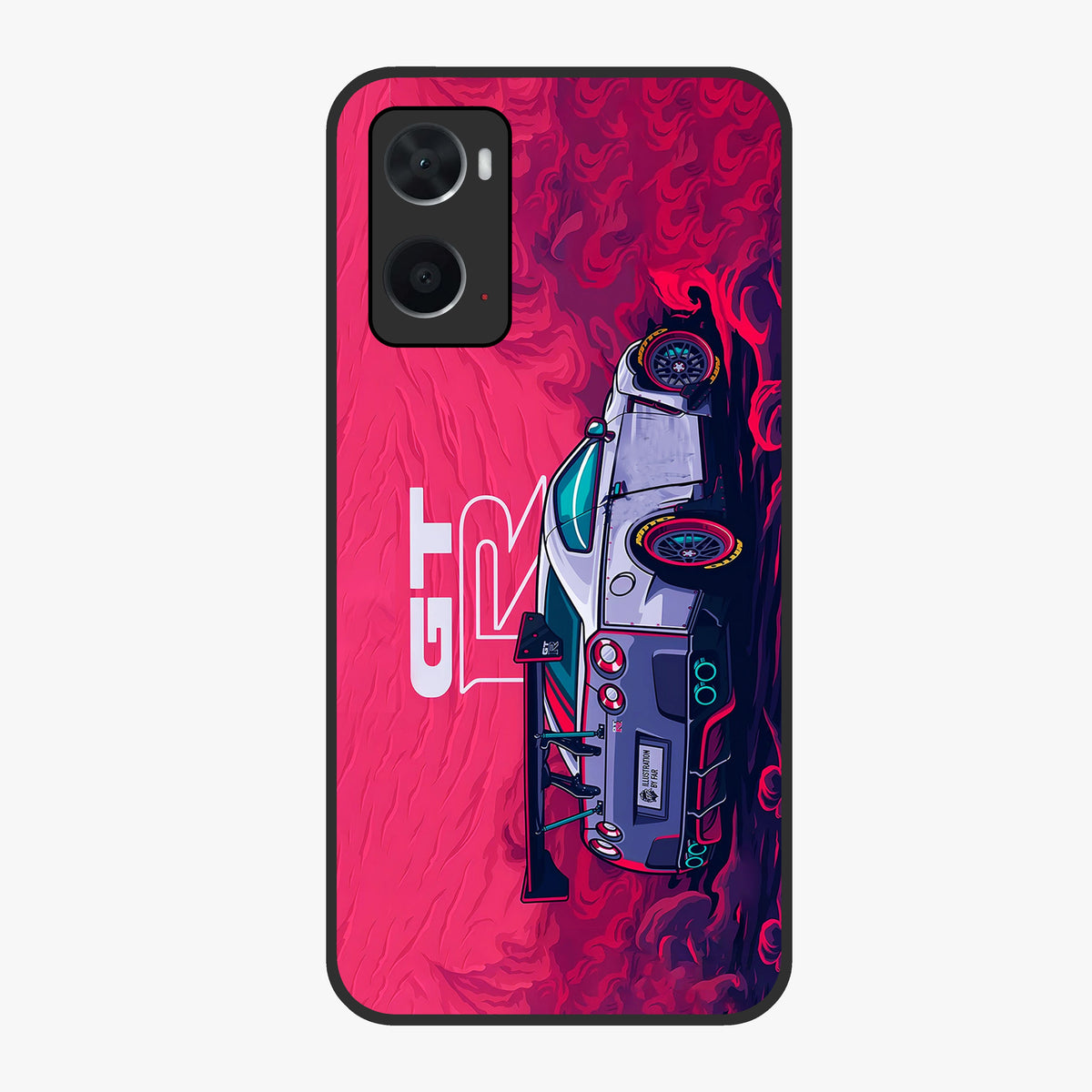 GT-R Car Pattern Glass Case showing flat back view with sporty car inspired pattern artwork and glossy glass finish.