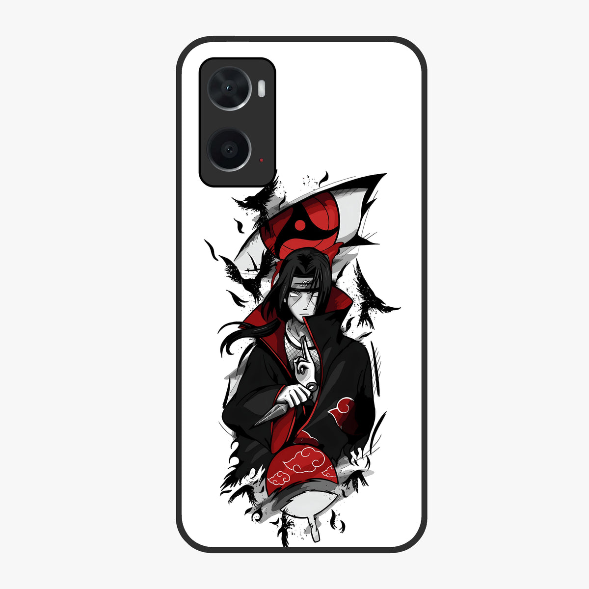 Itachi Sharingan Glass Case showing flat back view with powerful anime eye artwork and glossy glass finish.