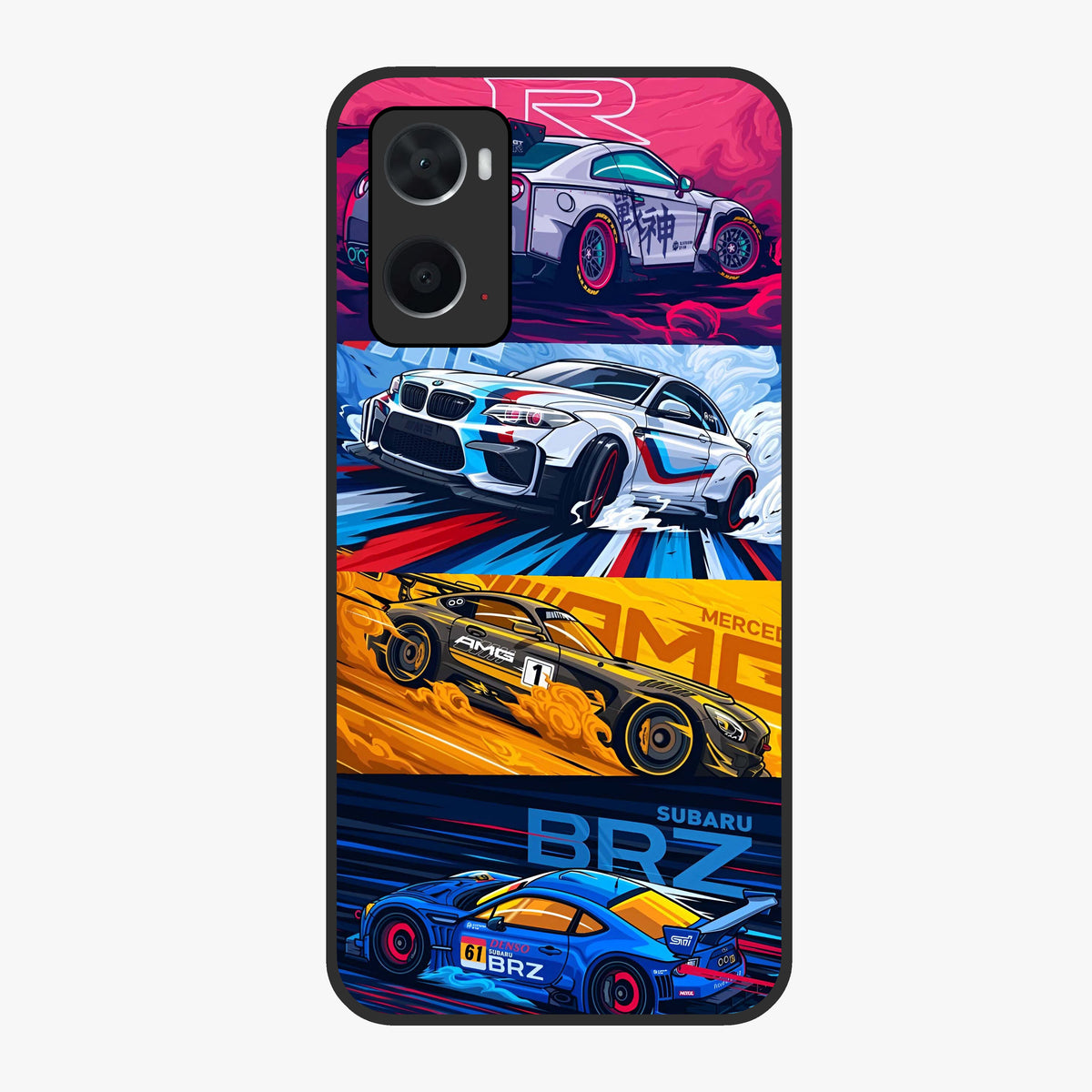 JDM Sports Car Glass Case showing flat back view with high performance sports car artwork and glossy glass finish.
