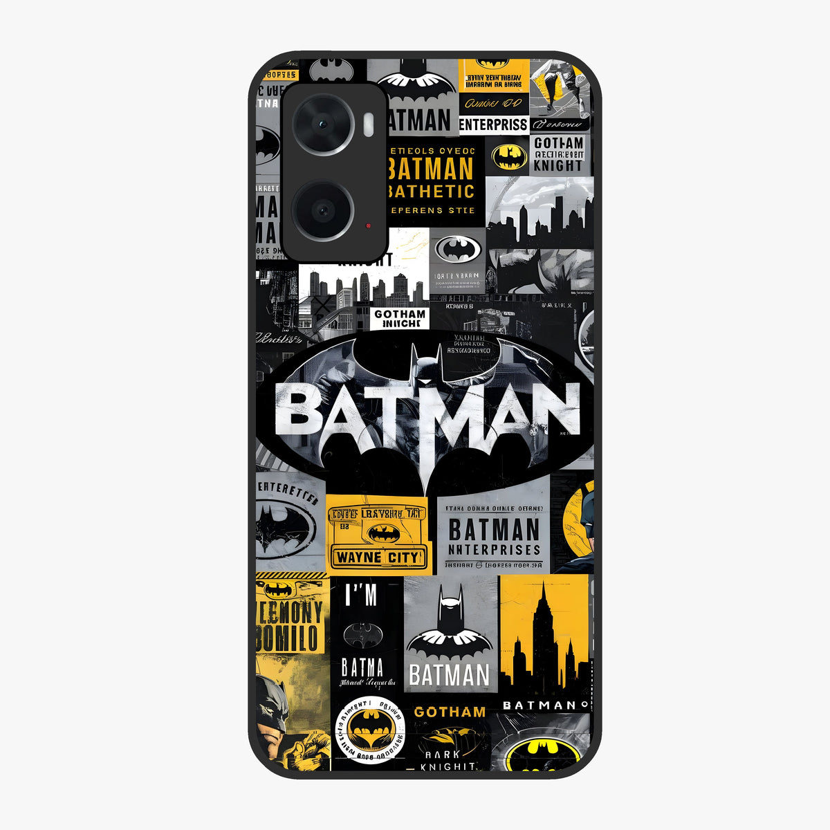 Knight Gotham Rise Glass Case showing flat back view with dark hero inspired artwork and glossy glass finish.