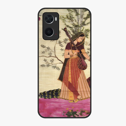 Lady With Veena Art Glass Case showing flat back view with elegant woman playing veena artwork and glossy glass finish.