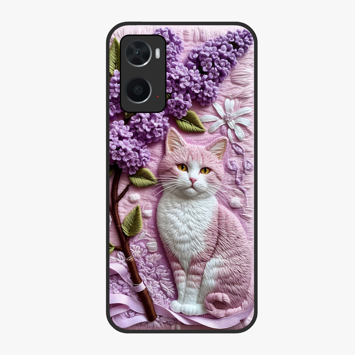 Lavender Cat Whimsy Glass Case showing flat back view with cute lavender cat artwork and glossy glass finish.