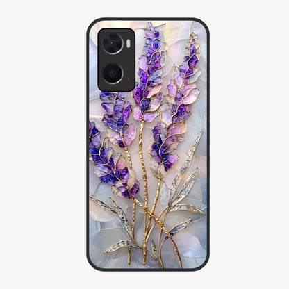Lavender Dream Glow Glass Case showing flat back view with glowing lavender aesthetic artwork and glossy glass finish.